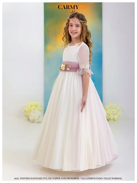 Vestido de comunión de falda lisa fajin rosa
