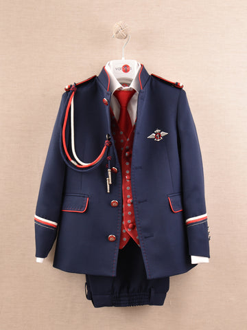 traje de comunión de Almirante en azul tinta combinado con chaleco y corbata en rojo