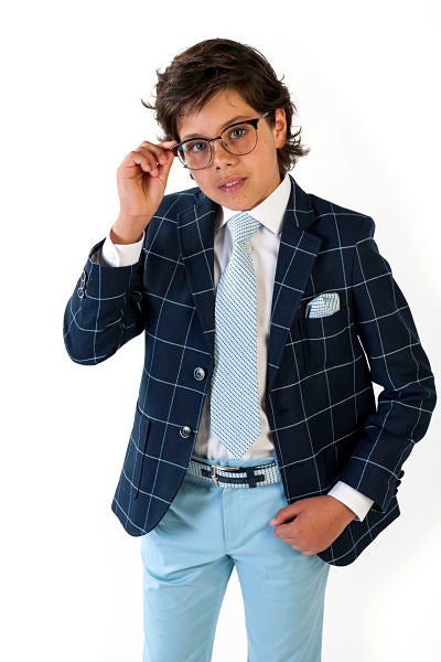 Conjunto de americana marino con cuadros en celeste para niño