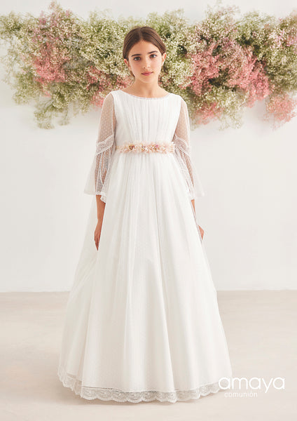 vestido de comunión en plumeti blanco de Amaya