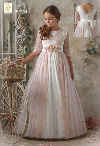 vestido de comunión en tull bordado de encaje en rosa palo
