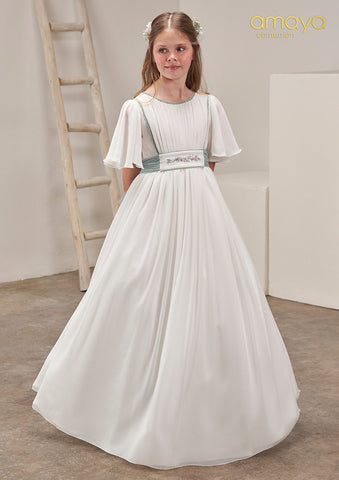 vestido de comunión en gasa blanco con manga de volante.