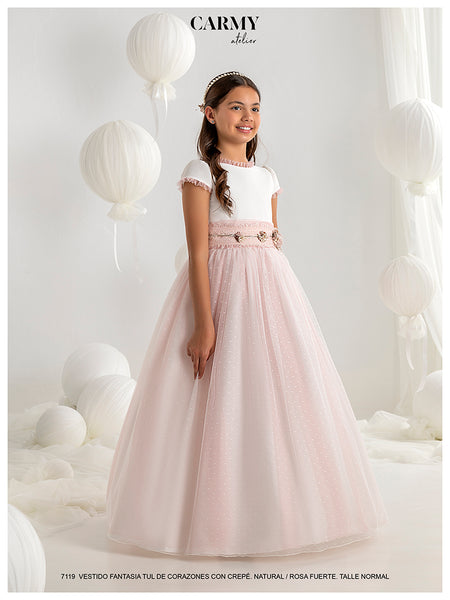 vestido de comunión con falda rosa