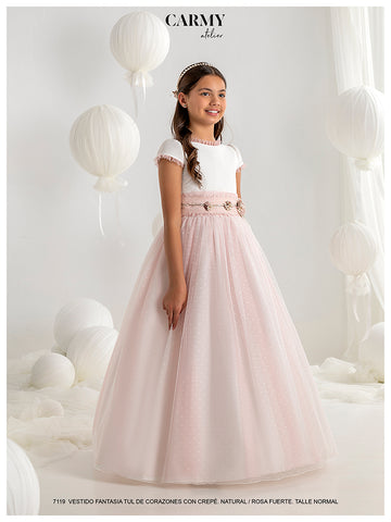 vestido de comunión con falda rosa