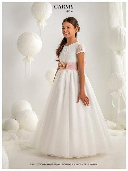 VESTIDO DE COMUNIÓN BLANCO CON FAJIN ROSA