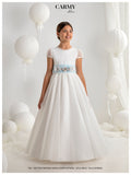 VESTIDO DE COMUNION CON FAJIN AZUL Y FLORES