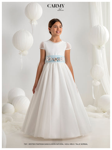 VESTIDO DE COMUNION CON FAJIN AZUL Y FLORES