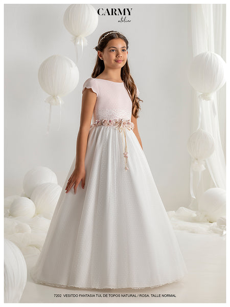 VESTIDO DE COMUNIÓN DE NIÑA CON FALDA LISA Y CUERPO ROSA