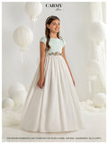 VESTIDO DE COMUNIÓN CON FALDA LISA Y CUERPO EN VERDE MANZANA