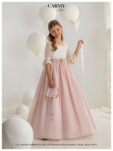VESTIDO COMUNIÓN ROSA CON MANGA AL CODO