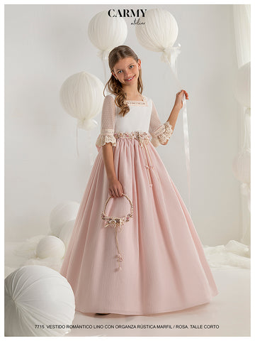 VESTIDO COMUNIÓN ROSA CON MANGA AL CODO