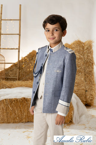 TRAJE DE ALMIRANTE DE COMUNIÓN CON CASACA AZUL Y PANTALÓN BLANCO