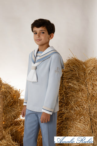 Traje de marinero para comunión en tonos azules y solapa blanca