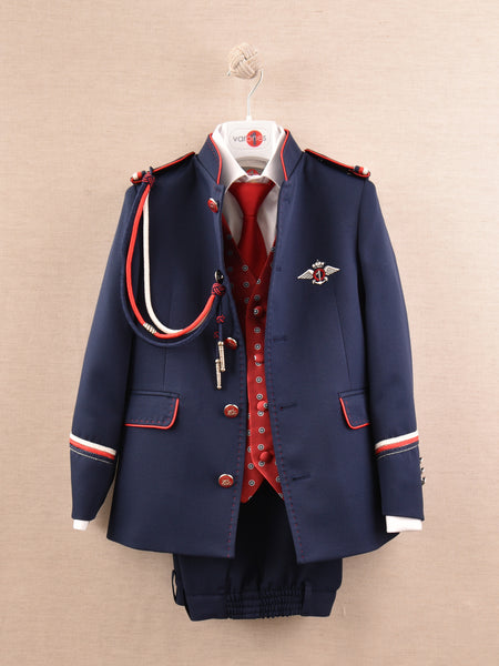 traje de comunión de Almirante en azul tinta combinado con chaleco y corbata en rojo