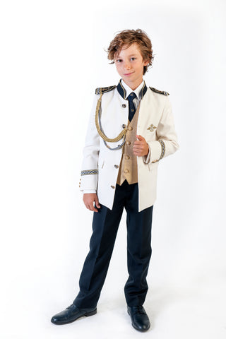 Traje de Comunión tipo almirante con chaqueta blanca y pantalón marino en Notajunto Mutxamel